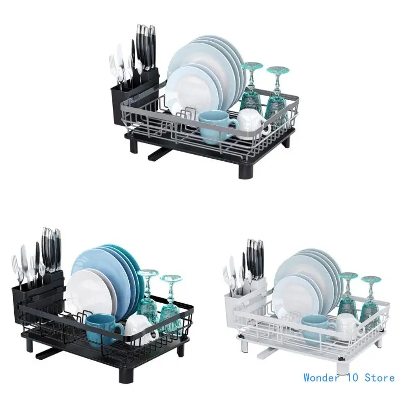 

Dish Drying Rack with Drainboard Tray Spout Plate Bowl Cup Drainer Shelf Removable Cutlery Holder Kitchen Tool