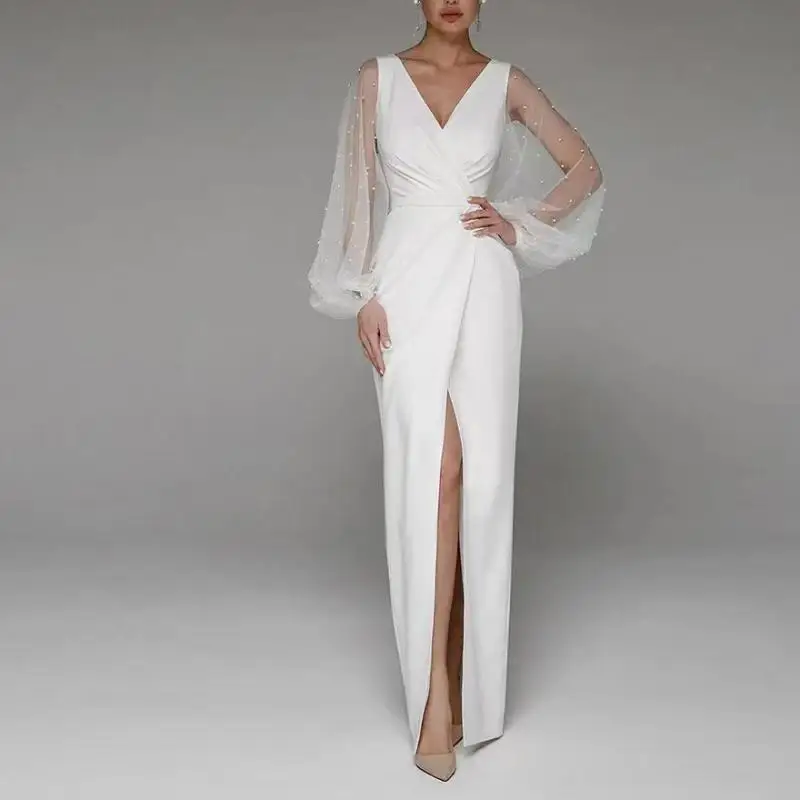 Vestido De novia Sexy con ilusión, manga larga, cuello en V clásico, hasta el suelo, vestido De noche Formal, elegante y Simple, nuevo