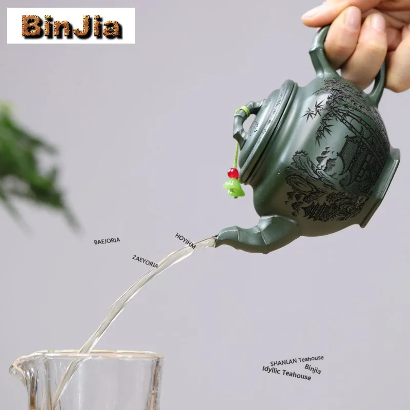 270ml High-end Yixing Purple Clay Teapots Handmade Bamboo Shadow Pot Raw Ore Dark Green Mud Kettle With Infuser Chinese Zisha