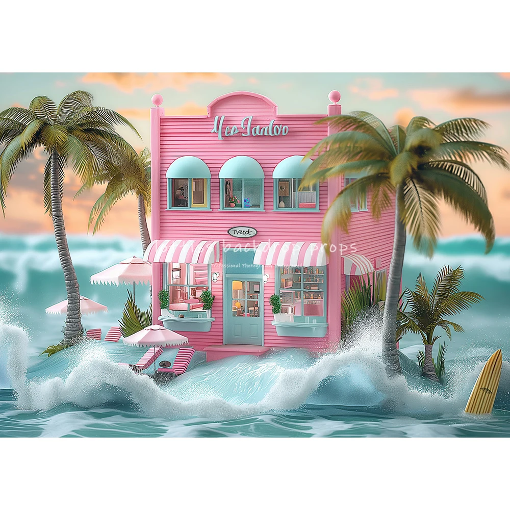 Little Pink Surf Shop With Palm Trees Backdrops Kids Baby Birthday Cake Smash Photocall Summer Bus Beachside Backgrounds