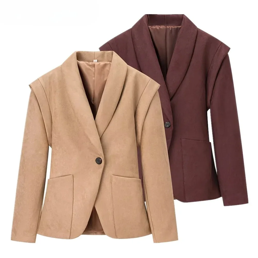 

New Autumn Women Maillard Style Shawl Collar Faux Suede Jacket Retro Wide Shoulder One Button Elastic Back Slim Waist Outerwear