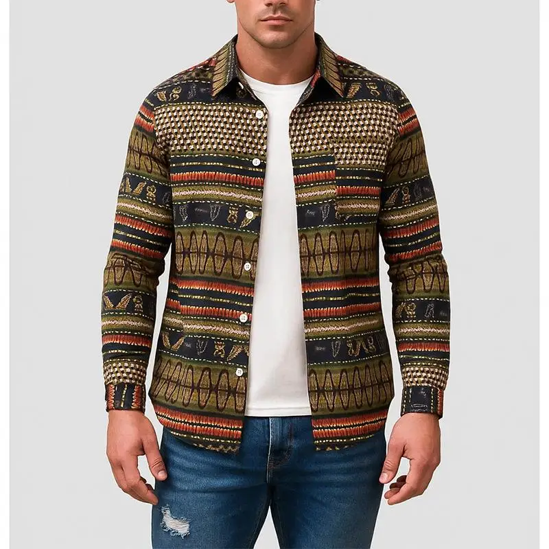 

Men's Printed Collar irt Top Casual Sle Long Sve Floral Pattern Cotton Fabric Deformable Summer Faion Inner Wear