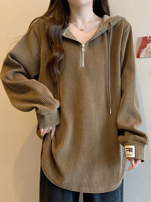 

plus Size Women's Hooded Jaet f Zipper oulder Length Sweatirt Autumn Winter Outerwear Loose Mid-Length Butt Covering...