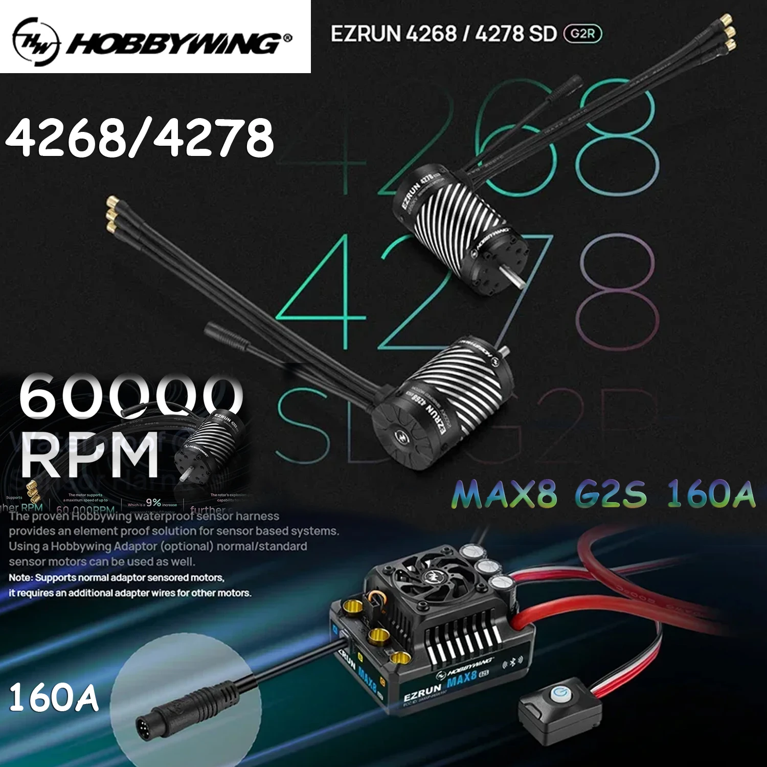 Zestaw silnika HOBBYWING EZRUN 4268 2500KV 4278 2250KV z regulatorem ESC MAX8 G2S 160A Senored do samochodów RC 1/8, buggy, monster trucków i off-roadowych.