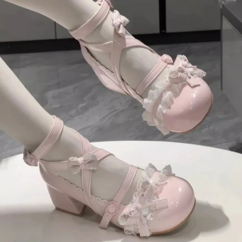 Pink Spring/Fall Sweet Lolita Shoes Women Kawaii Lace Bow Bandage Mary Jane Leather Low Heel Shoes Cos Girl Cuye Tea Party Shoes