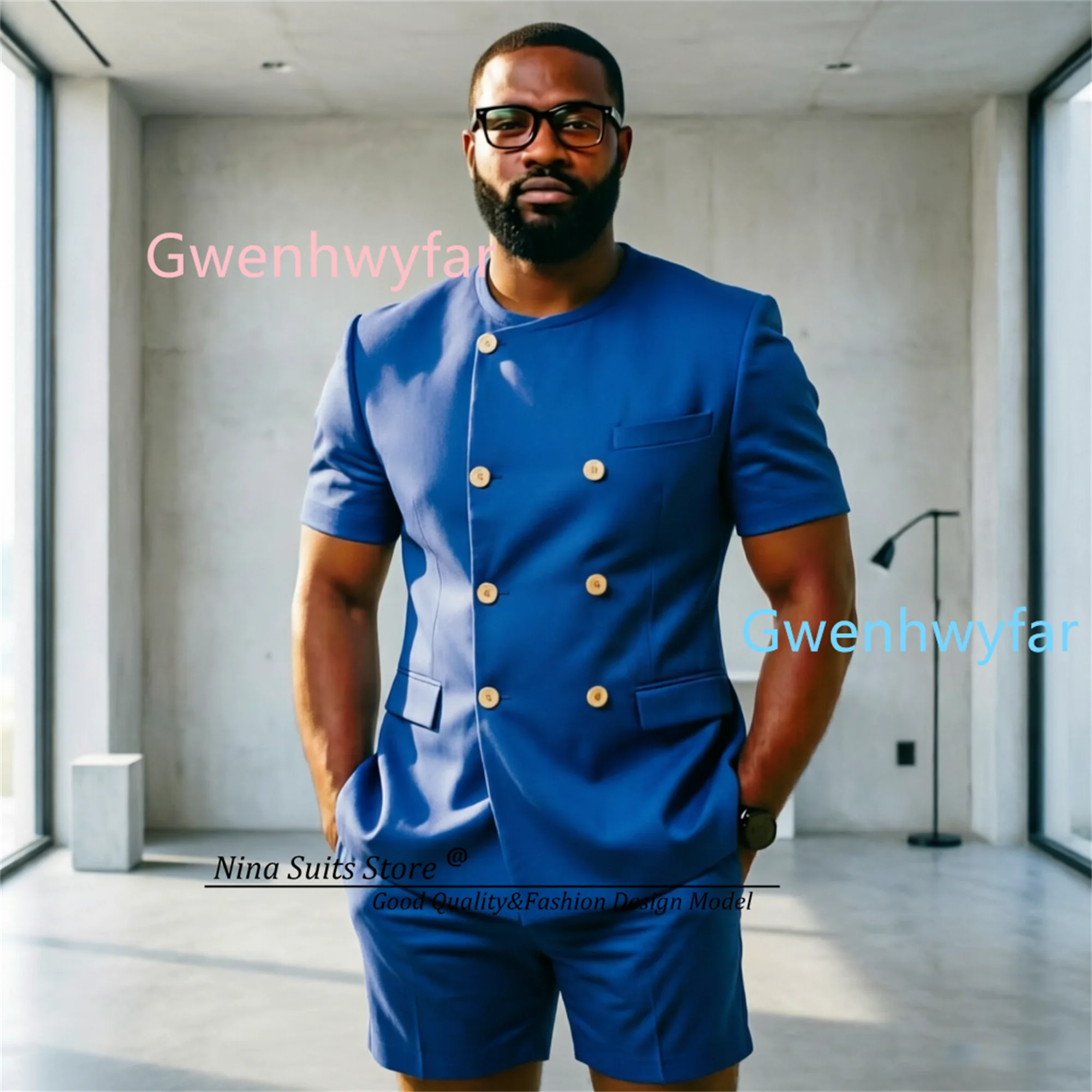 

Gwenhwyfar Round neck Short Sleeved Blzaer Shorts set, Elegant Men's Summer Suit 2-piece set, Royal Blue Men's Party Costume