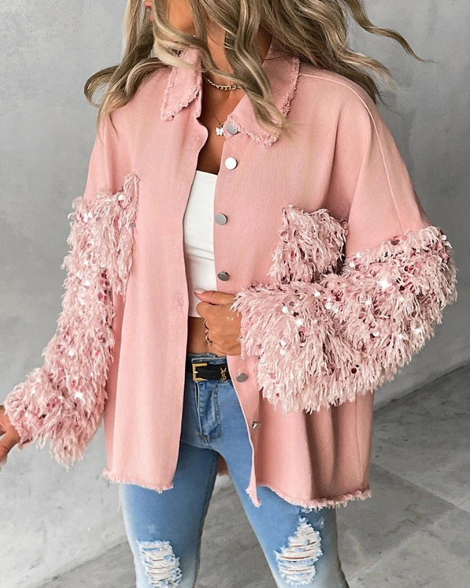 

Spring and Autumn Women's Coat Sequin Plush Sleeves with Tassel Flip Sleeve Patch Design Solid Color Thin Fashion Casual Jacket