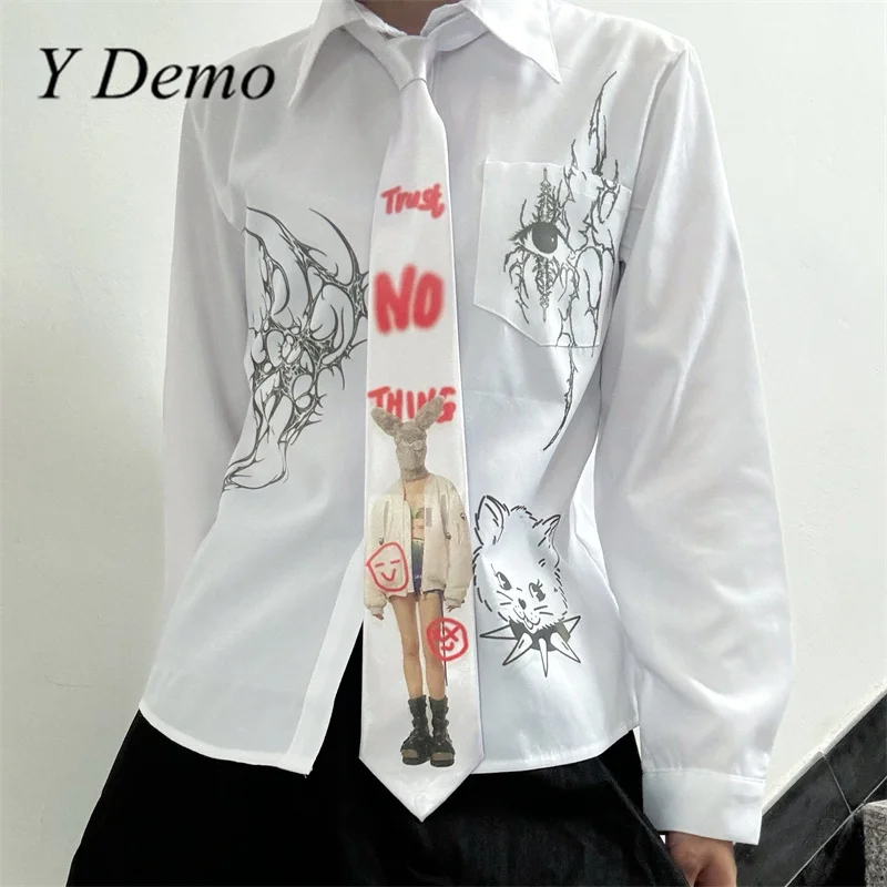 Y Demo Rock Models Letters Printing Y2k White Women Neckties Casual Long Shirt Tie