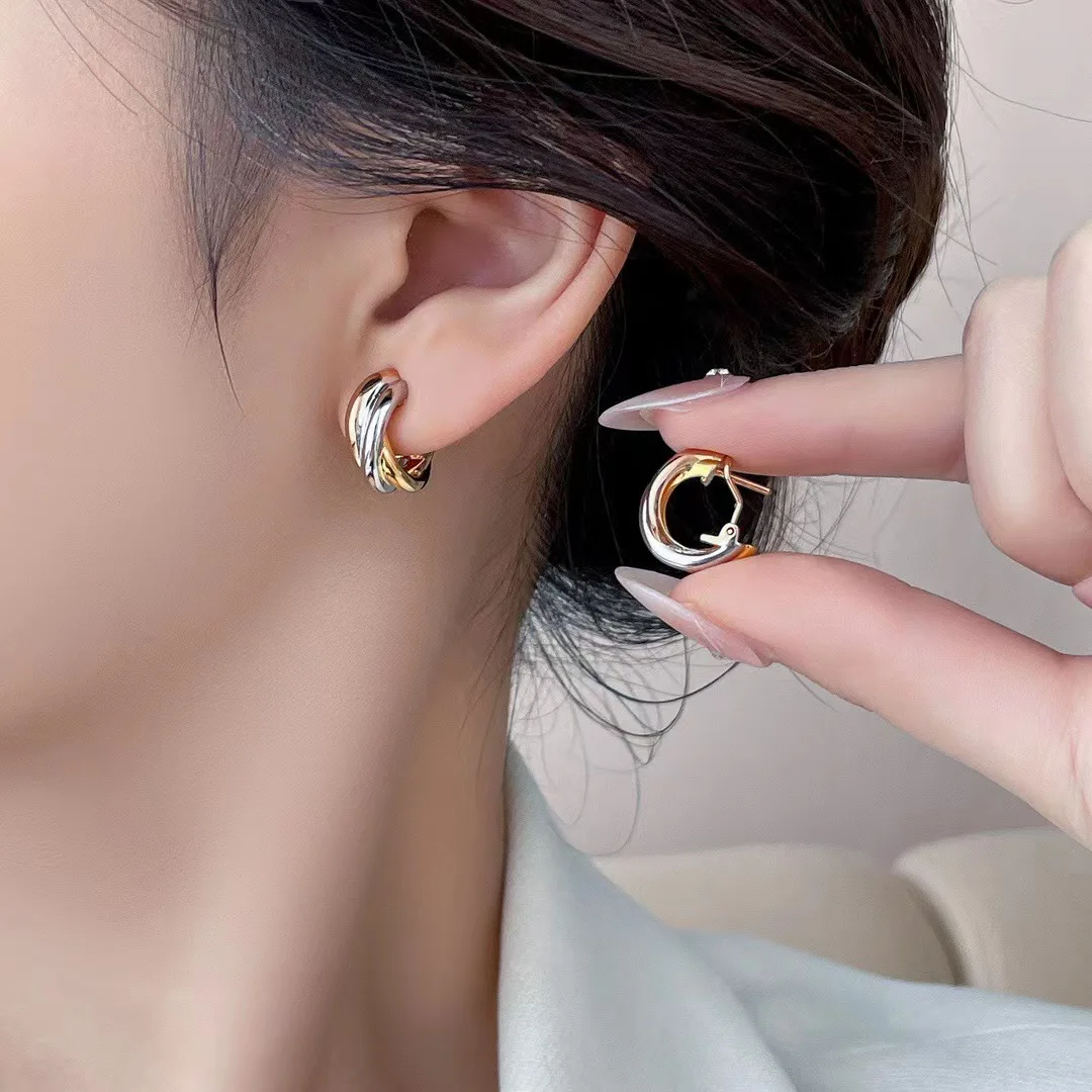 Eumeika home three-ring three-color earrings stud female matching color ear beat personality 18k rose gold