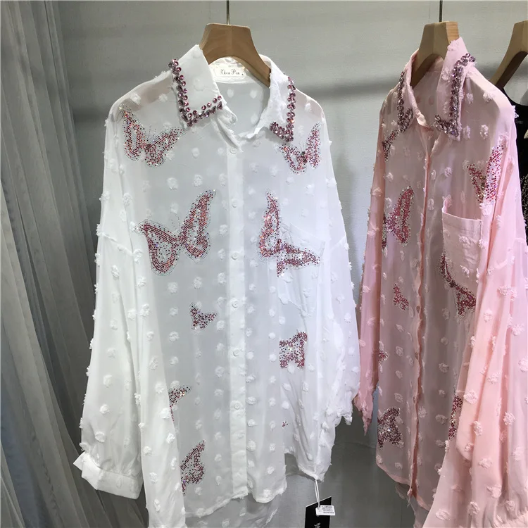 Heavy Embroidery Diamond Drills Blouse Lightweight Breathable Butterfly Lapel Beaded Loose Mid-Length Slim Summer Cardigan Coat