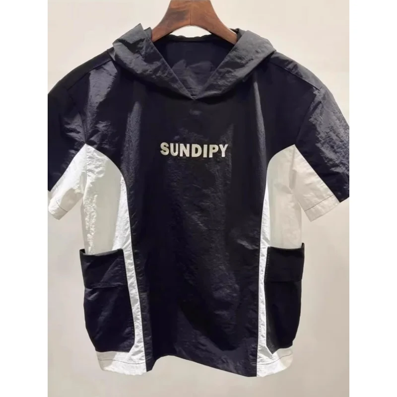 

Мужская летняя повседневная свободная футболка оверсайз с капюшоном и коротким рукавом, в стиле ретро, с цветными блоками, с карманом, молодежная мода