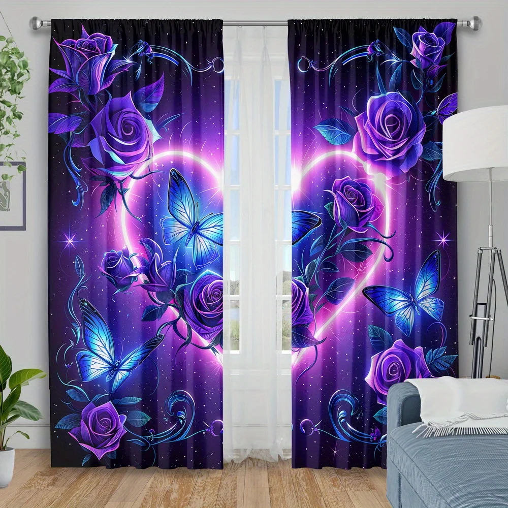ivid Neon Purple Rose Butterfly Curtain 2 Panels Glowing Heart Dark Star Inn Room Curtain Romantic Botanical Bedroom Home Decor