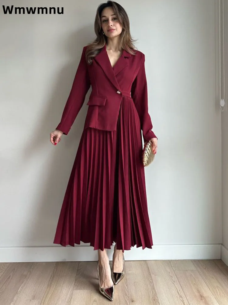 

Женский повседневный ансамбль с v-образным вырезом, модный кардиган на одной пуговице с лацканами, элегантная плиссированная юбка до щиколотки, комплект из 2 предметов