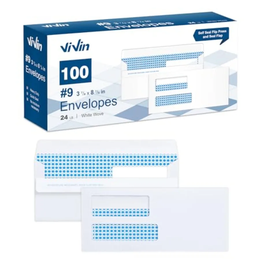 

100 No.9 Double Window Business Envelopes for Quickbooks Invoices and Business Statements, Flip and Seal Security-Tinted, Home