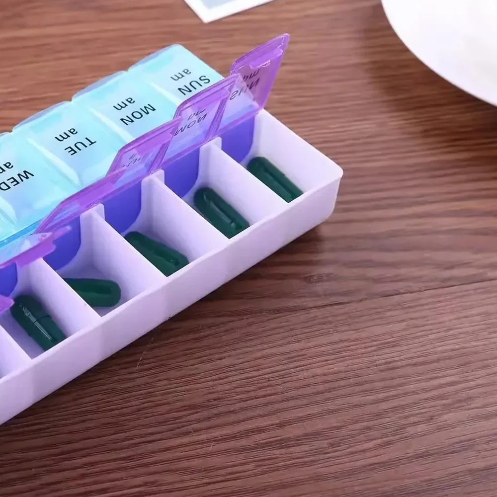 علبة حبوب منع الحمل 7 أيام أسبوعي صندوق تخزين الأدوية صف مزدوج 14 شبكة Tablte موزع المنظم غطاء مفتوح حاوية أدوات الإسعافات الأولية