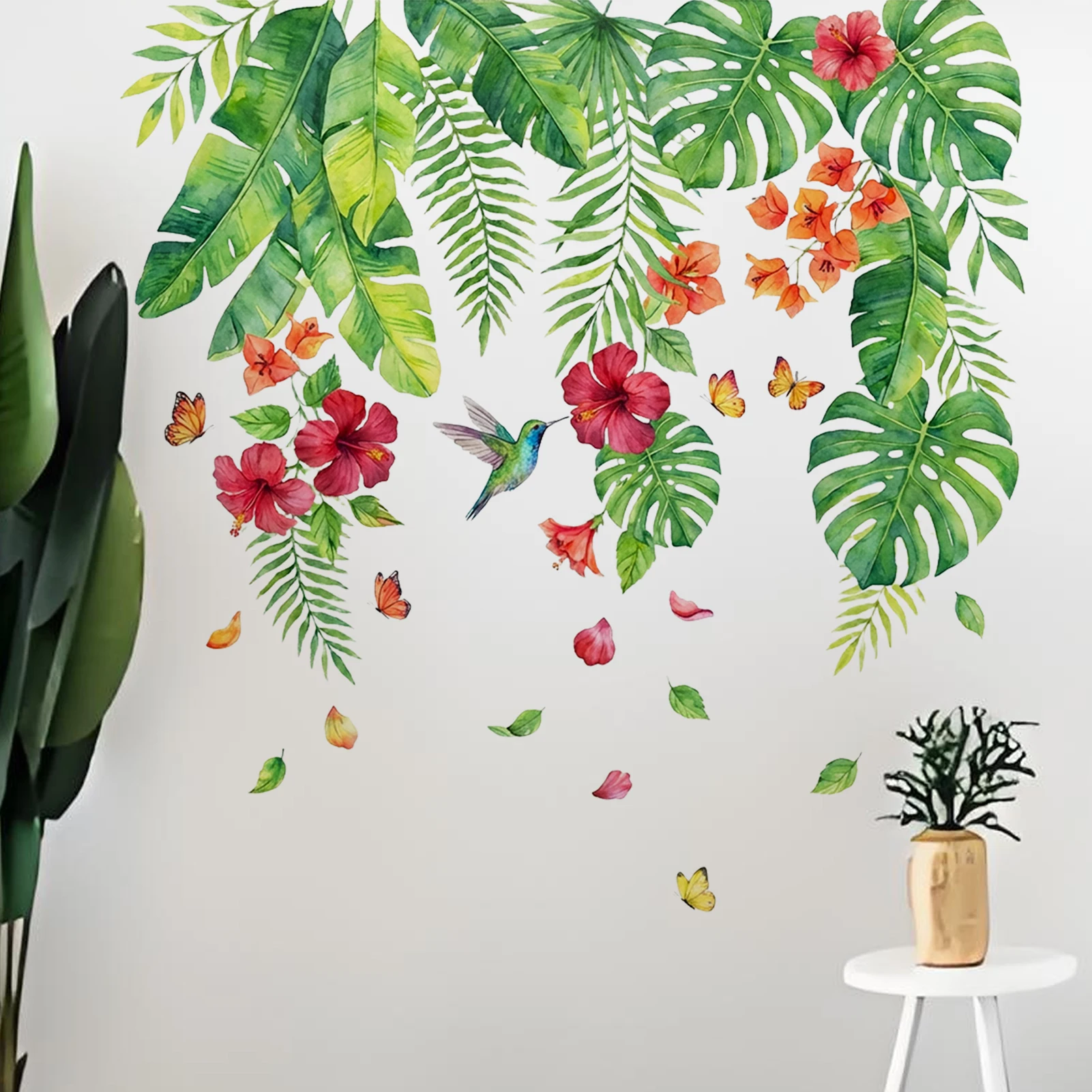 Rote Blumen und grüne Blätter Frühlingsatmosphäre Aufkleber, Wandaufkleber für Heimdekoration, Abziehbilder, geeignet zur Dekoration von Räumen, Wohnzimmern