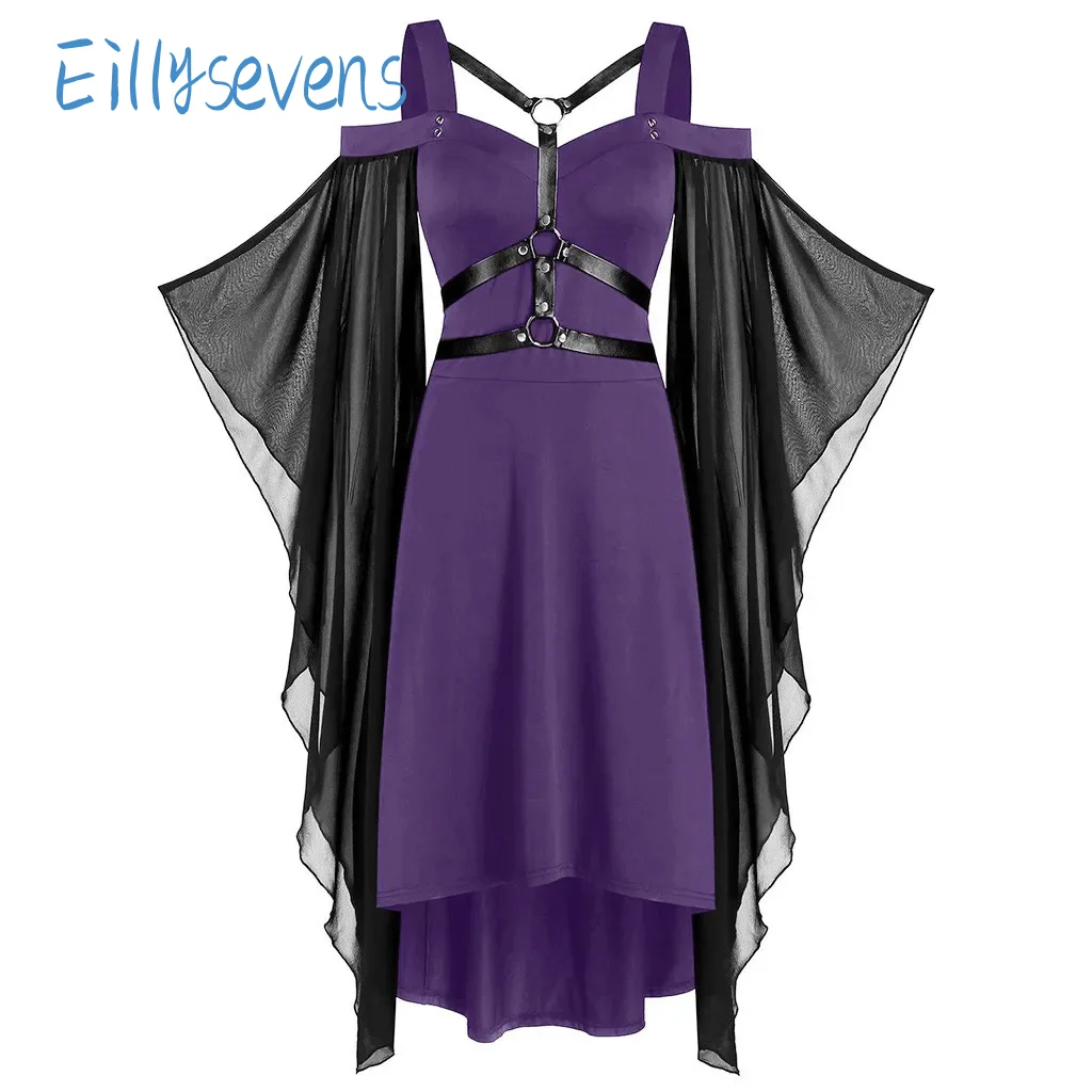 Women Gothic Punk Dress Plus Size Cosplay Costumes Cool Solid Lace Insert Butterfly Sleeve Dress Mesh Stitching Suspender Dress