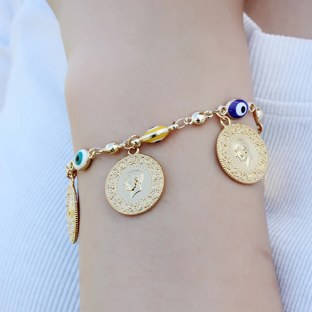 Colorful Lucky Evil Eye Bracelet Punk Gothic Golden Portrait Money Coin Chain Link Bracelets Women Jewelry Luxury Party Gifts