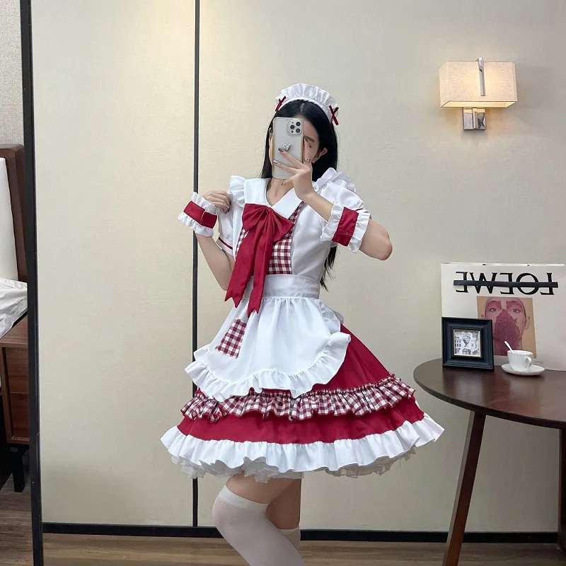 女性の市松模様のメイドコスチューム,ハロウィーンのエプロン,ロリータの衣装,女子高生,カワイイ,パーティーウェア,新しい,トレンディ
