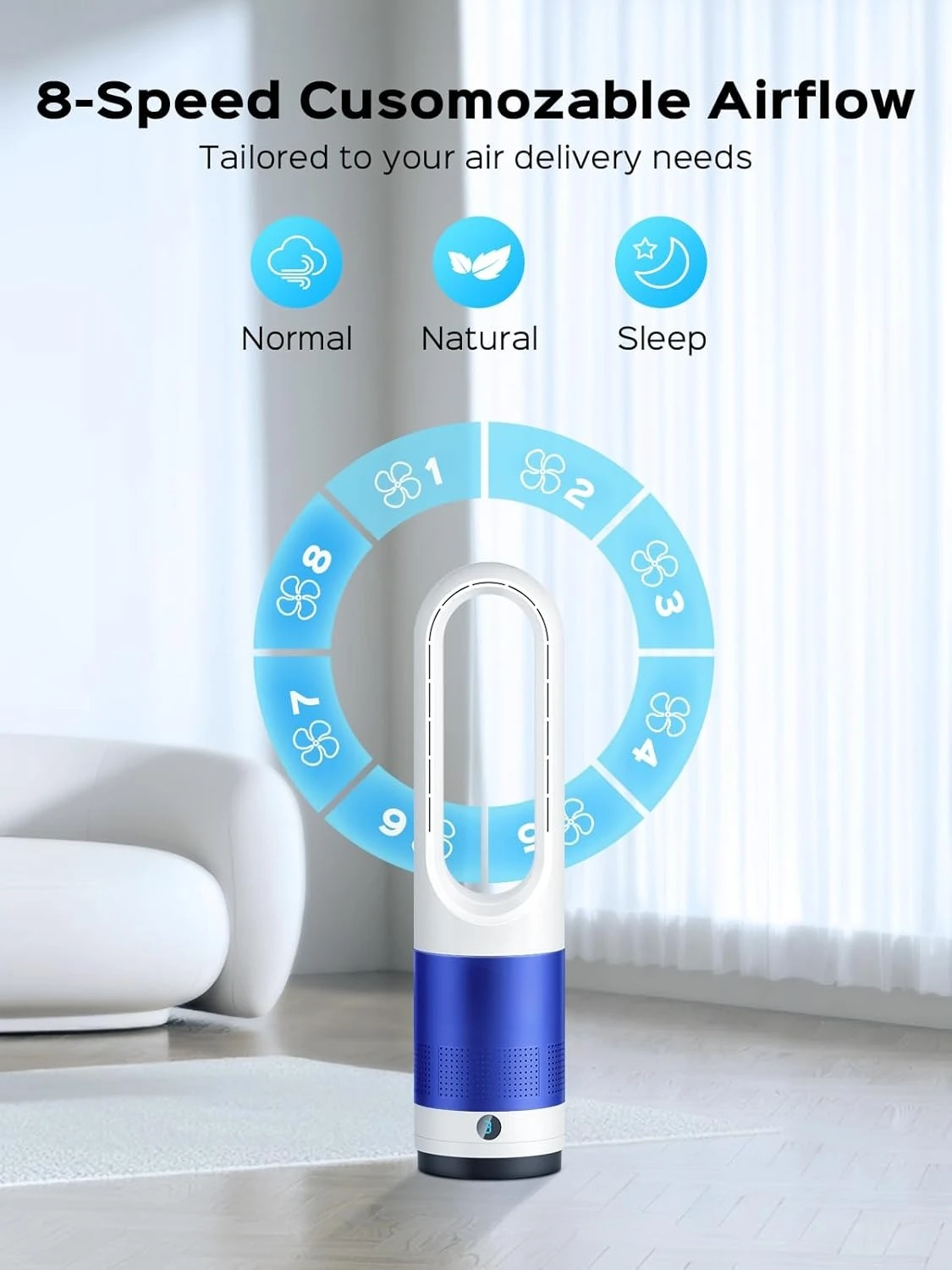 مروحة خالية من الشفرة لغرفة النوم، مروحة برجية هادئة مع جهاز تحكم عن بعد، 90 °   مروحة متأرجحة لشاشة LED داخلية سهلة التنظيف ومحمولة