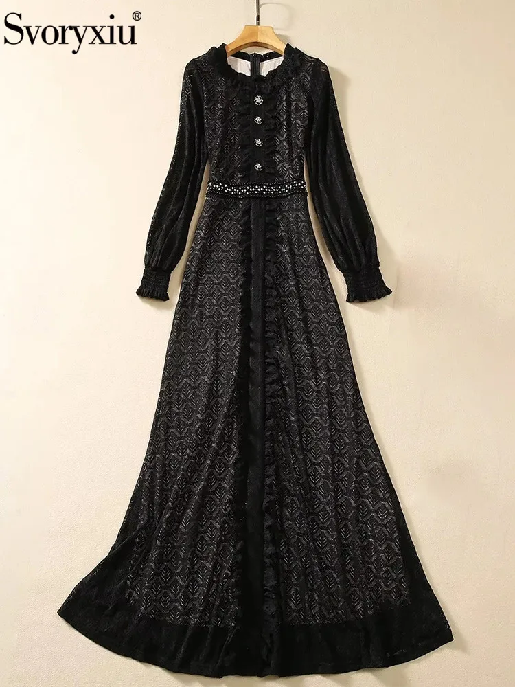 

Svoryxiu Runway Autumn Vintage Black Color Lace Floor-Length Dress Women's Lantern Sleeve Button Diamonds High Waist Dress