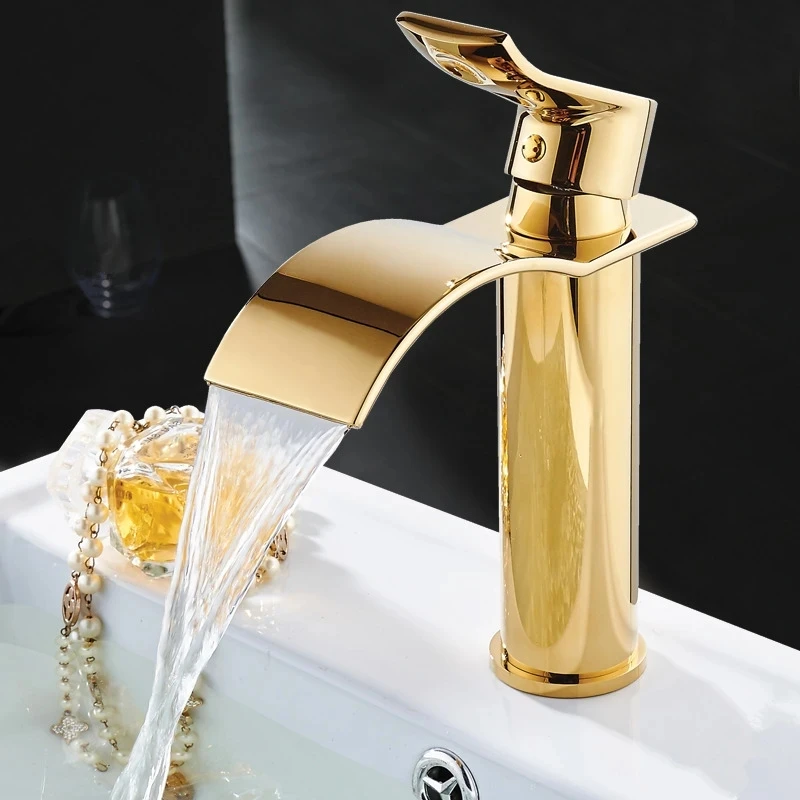 

Tuqiu Gold Bathroom Faucet Waterfall Basin Faucet Single handle Basin Mixer Tap Bath Faucet Brass Sink Water Crane Tap