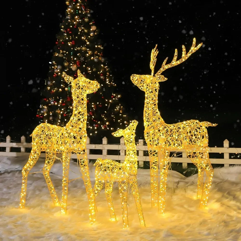 Christmas Reindeers Family 3D Pre-lit 4.5 FT, 3-Piece Lighted Glitter Deer Set with 1660 Warm White LED Lights, Groud Stakes