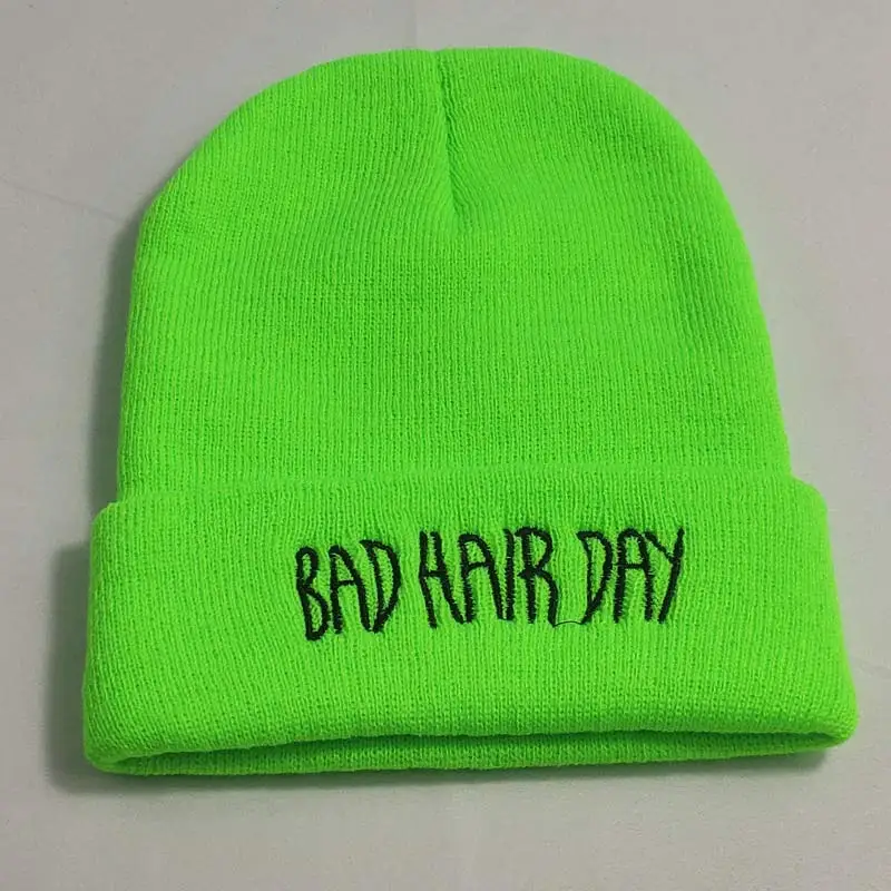 Embroidery Texts Winter Hats for Men Knit Women Beanie Neon Yellow Neon Green Red Grey Soft Stretchy Acrylic Yarn