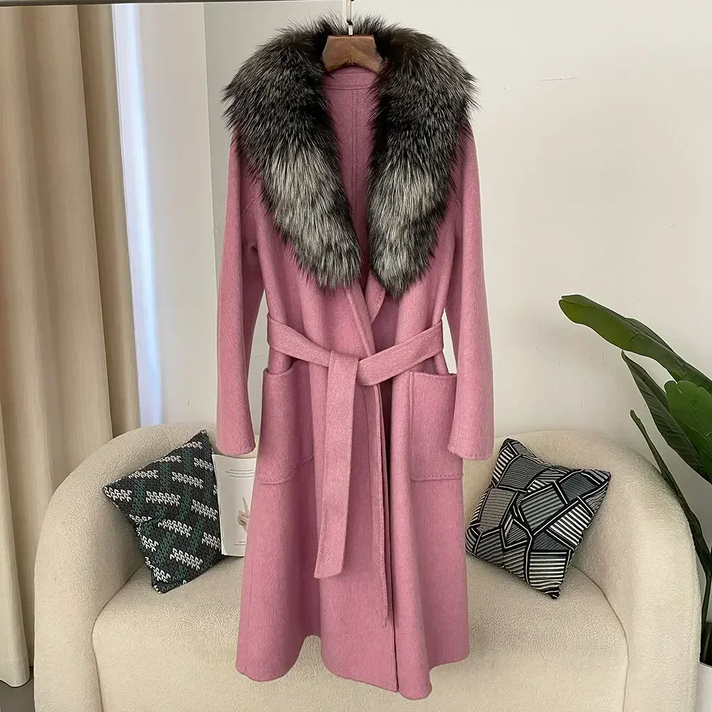 Real Fox Fur Coat Wool Jacket Female 2024 Winter Woolen Natural Long Fur Coat Modern European Street Fashion Clothes for Women