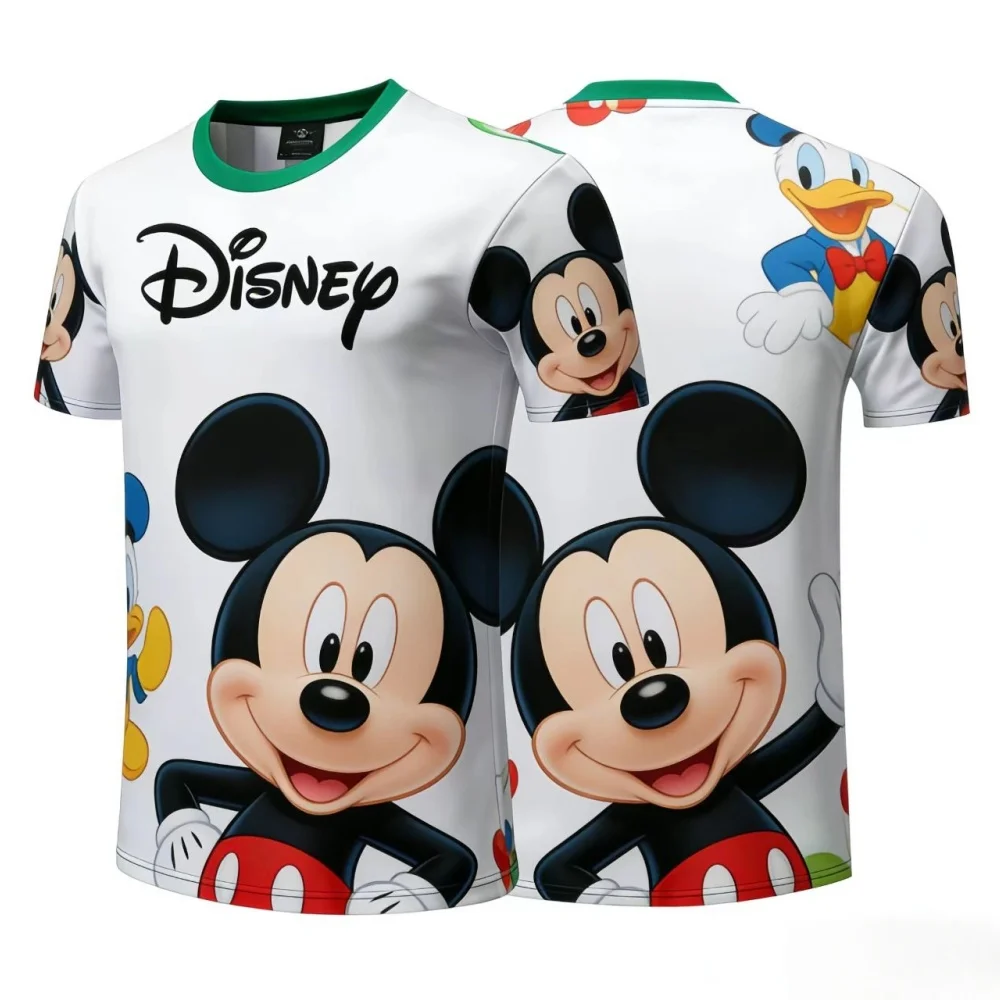 Disney Mickey and Donald Duck Full Print Short Sleeve T-shirt for Men and Women, Cartoon Printed Casual Round Neck Top