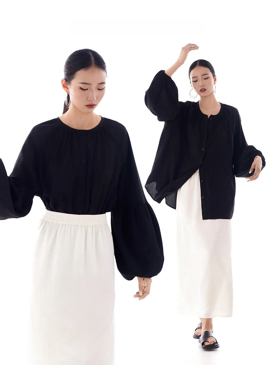 

Casual Commute Sle irt Women's Loose Fit Lantern Sve Top Breathable Polyester Long Sve round Ne Pure Color irt