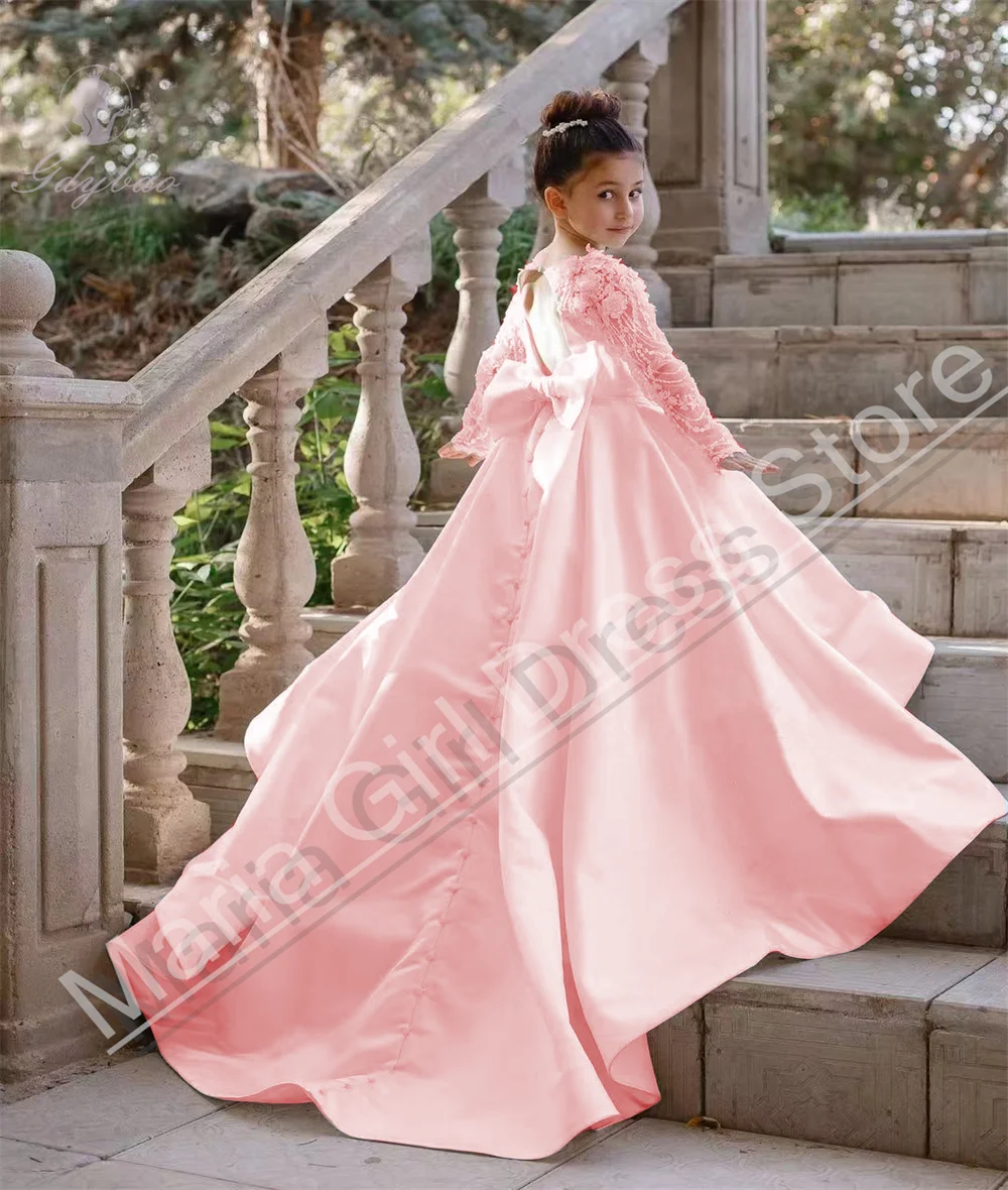 

Pink Satin Beautiful Flower Girl Dress Fluffy Sheer Lace Sppliqué Sleeves First Communion Kids Birthday Ball Dress