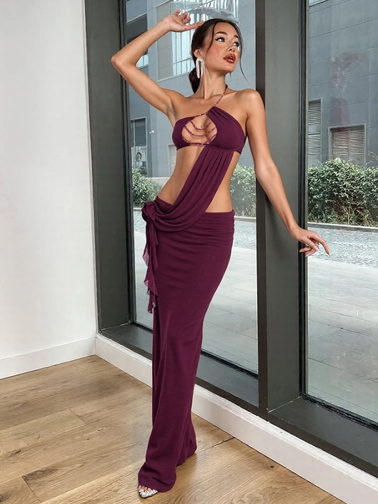 Nibber Birthday Party Dress Women Sexy Patchwork Hollow Side Flowers Chest Wrap Pearl Chain Halter Backless Stretch Vestidos