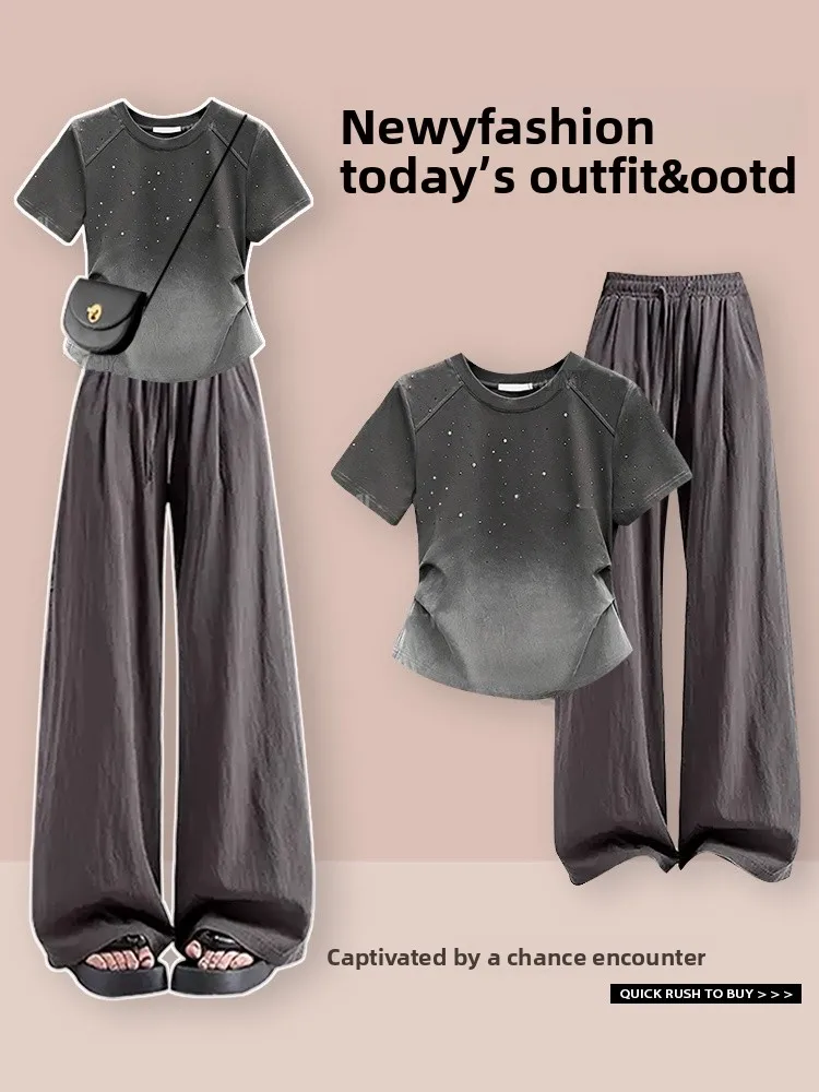 

Faionable Street Sle Женский комплект из двух предметов Свободный повседневный топ ort Sve и свободные брюки Bla ey Удобный летний комплект...