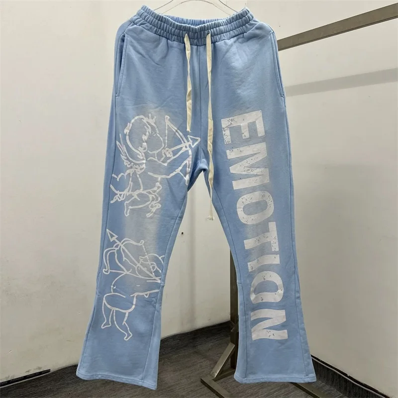 

MIXED EMOTION Angel Print Pants Men Women Pure Cotton Washed Blue Oversized Drawstring Sweat Pants