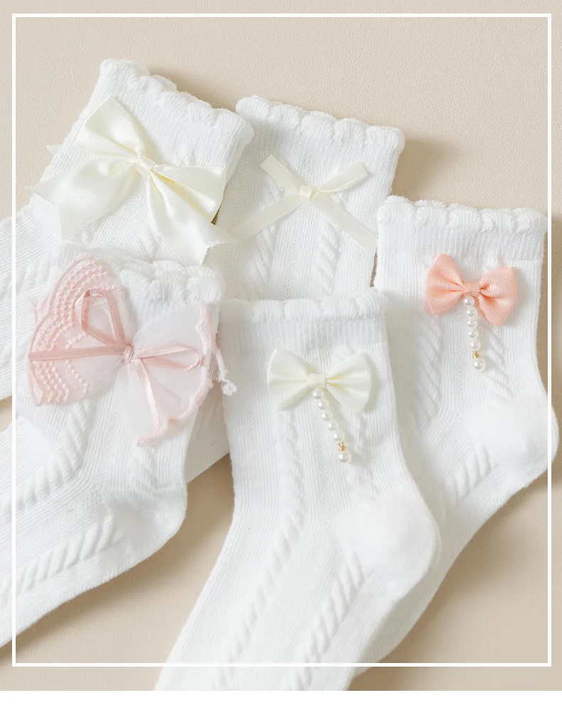 2024 New Girls Spring Summer Baby Lace Foreign Korean Version of Bow Mesh White Breathable Comfortable Children\'s Socks ZHB528