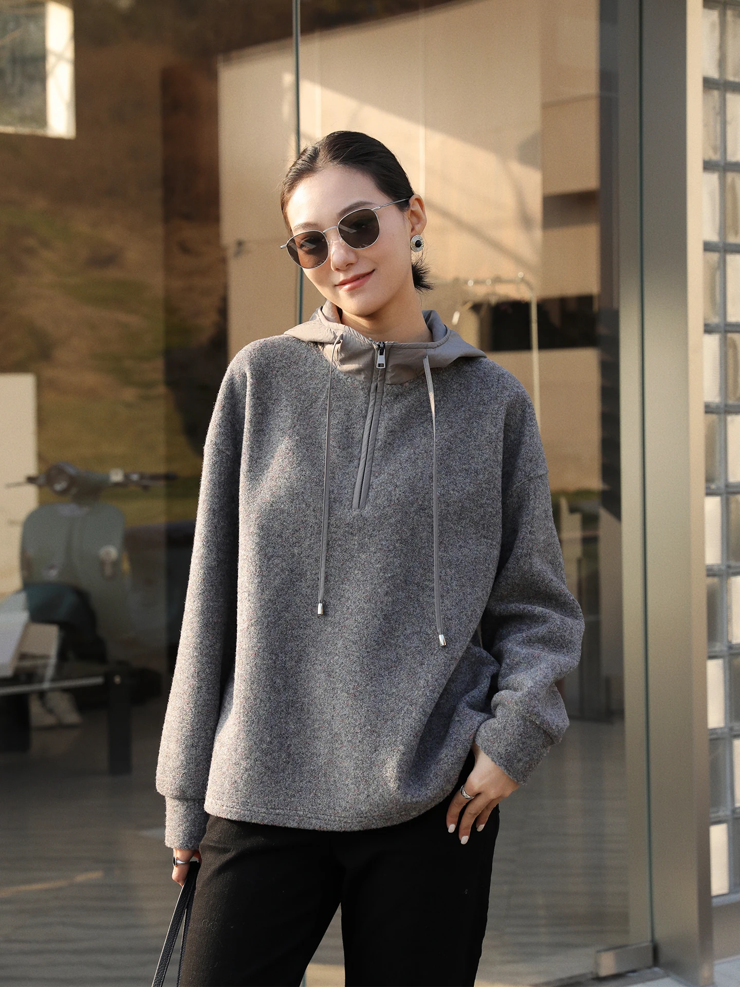 

Deep ey Splice Hoodie with f Zip Loose Long Sve Women's Spring New Sle Casual Breathable Polyester Fiber Streetwear
