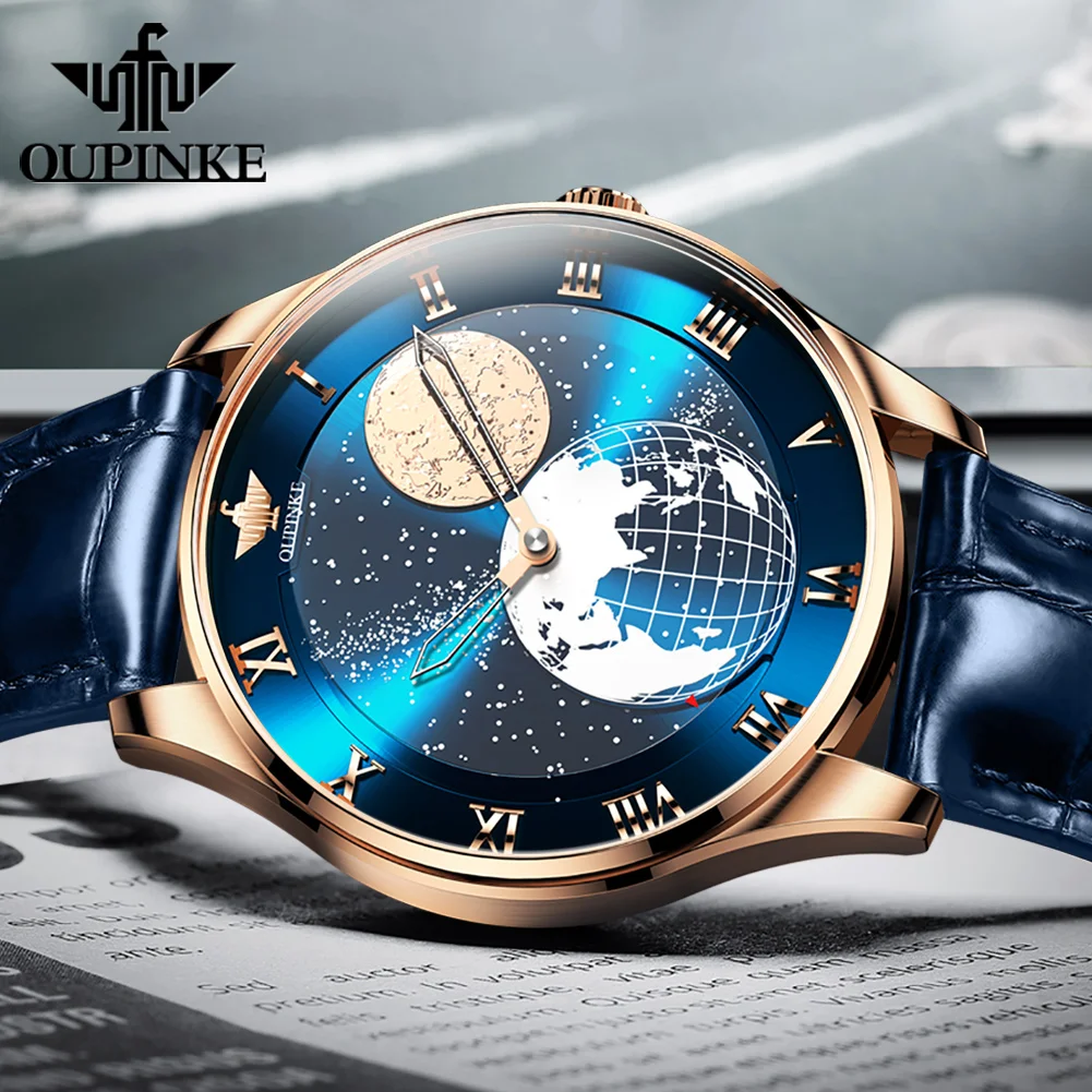 OUPINKE Moon Phase Watch for Men 3D Earth Starry Star Rotating Dial Automatic Mechanical Watches Luxury Brand Men\'s Moonswatch