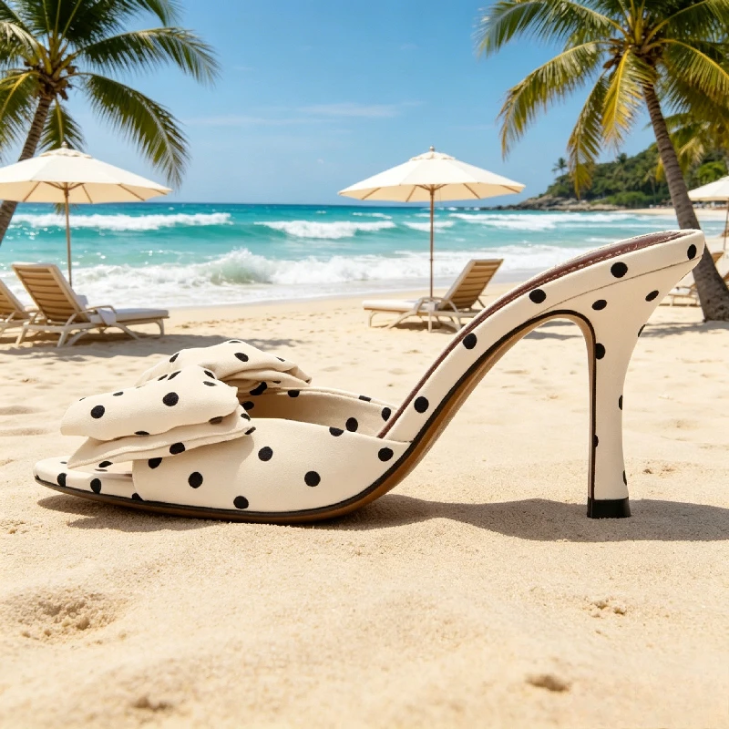 Elegant Wedding Designer Shoes Women Summer Sexy Open Toe Heeled Sandals Satin Polka Dot Bow Decoration Mules Slippers