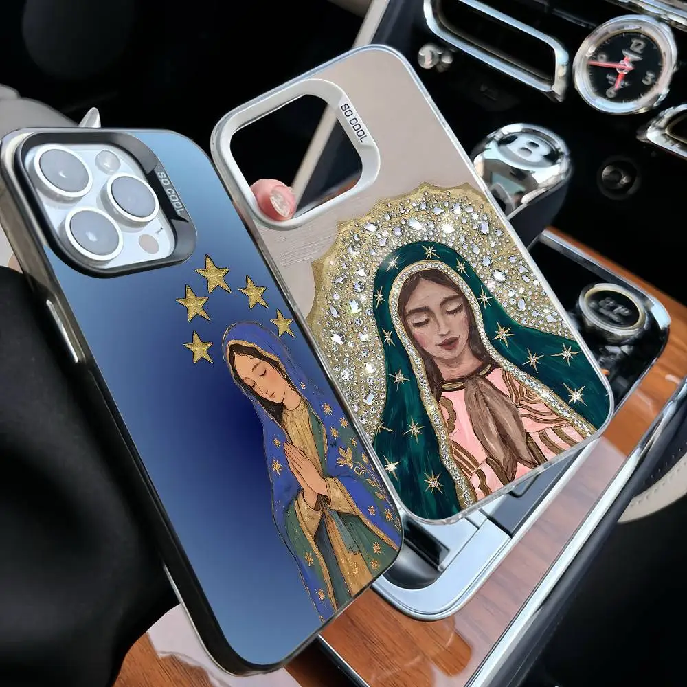 Virgem maria virgem de guadalupe caso de telefone para iphone 17 16 15 14 13 12 11 pro max plus cor à prova de choque volta prata capa