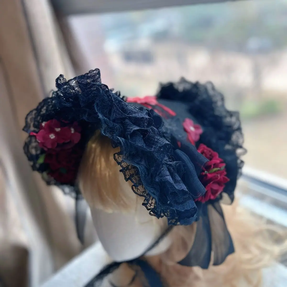 Lolita Gothic Style Rose Straw Hat Black Lace Lolita Straw Hat Flat Hat Billycock