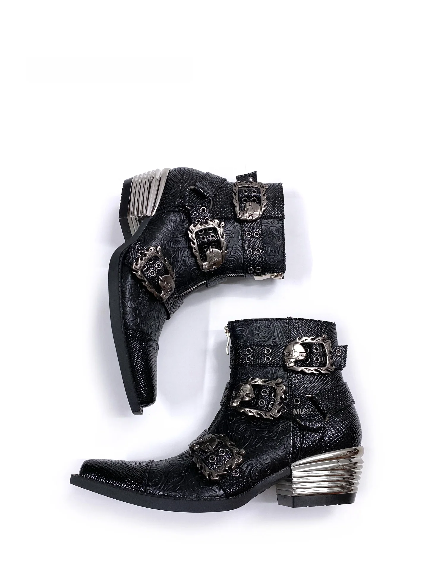 Punk Metal Chelsea Boots Unisex Black Embossed Sharp Toe Short Boots Gothic  Boots High Heel Wear Resistant Rubber Sole