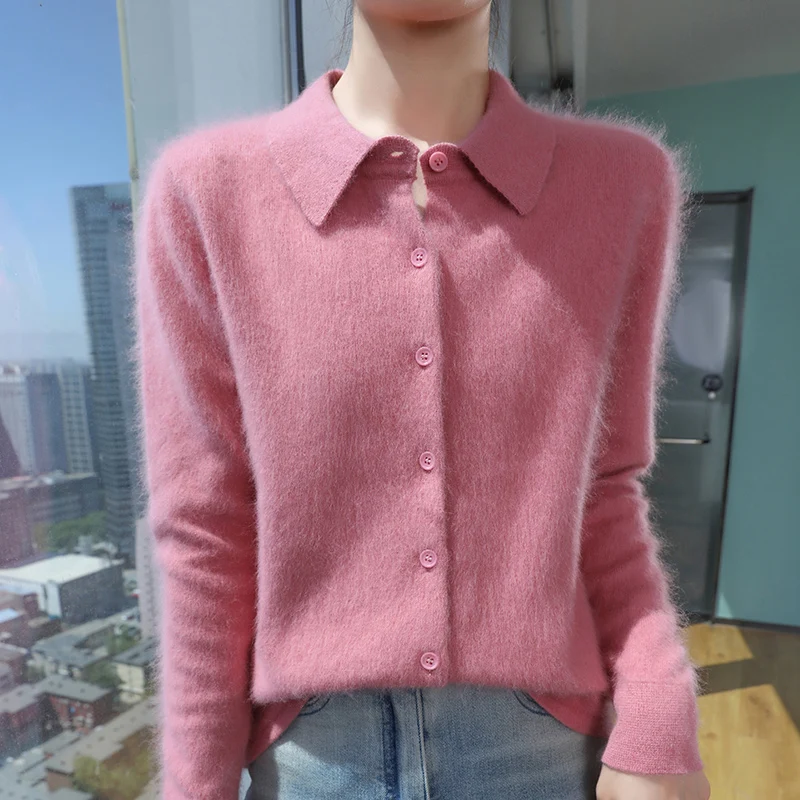 Women's Cardigan, Lapel Sweater, 100 Mink Cashmere Knit, Exquisite and Simple Jacket, Women's Long Sleeved Sweater, New Product