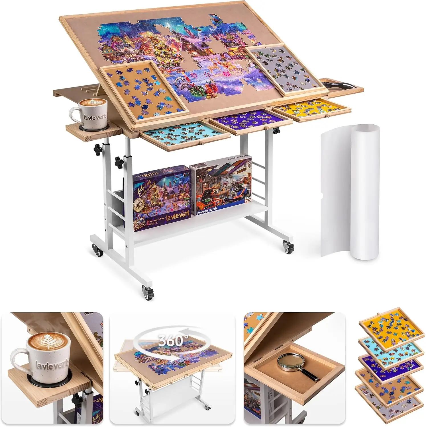 1500 Piece Tilting Puzzle Table with 5 Drawers & Cover, Angle & Height Adjustable