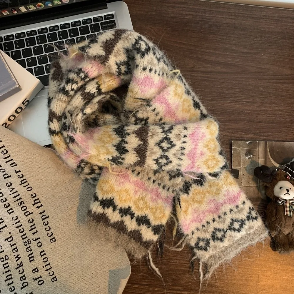 

Разноцветный зимний клетчатый шарф в стиле ретро, теплые вязаные шарфы в полоску, утолщенная мягкая шаль для женщин