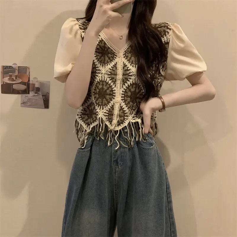 Fashion Vintage Patchwork Knitted Shirt Summer Folk Hook Flower Hollow Women's Clothing Tassel Loose Casual Short Sleeve Blouse