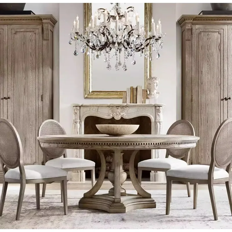 البلوط الأمريكي طاولة مستديرة خشب متين خمر البلد طاولة طعام مستديرة وكراسي غرفة المعيشة الأوروبية طاولة طعام المنزل فيلا F