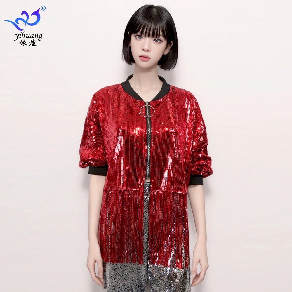1 pz/lotto donna moda paillettes danza jazz camicetta signora manica lunga danza di strada nappa top