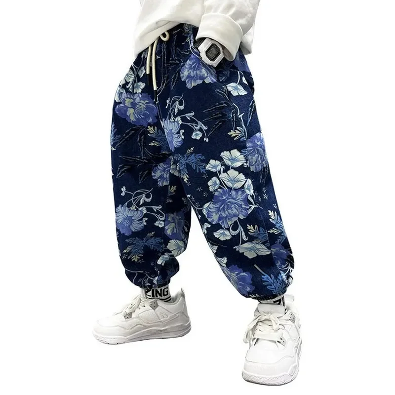 Fashion Teen Boys Clothing Jeans Autumn New Trousers Spring Loose Casual Pants Kids Clothes Flower Print Sweatpants 8 10 12 14 Y