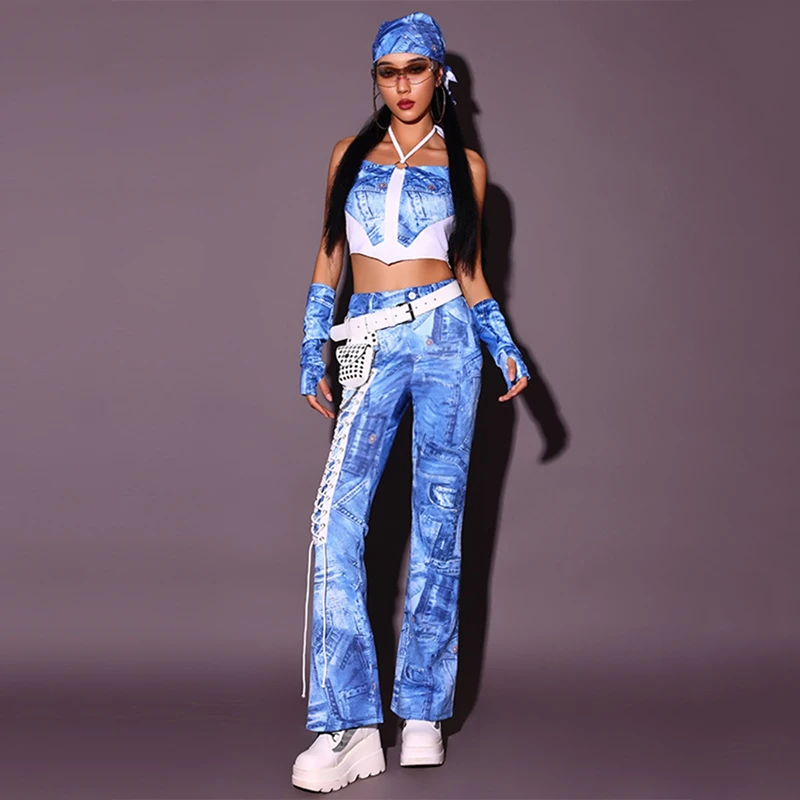 2024 Gogo Dance Costume Women Blue Jazz Performance Clothes Kpop Hip Hop Clothing Nightclub Dj Ds Drag Queen Stage Wear BL13034